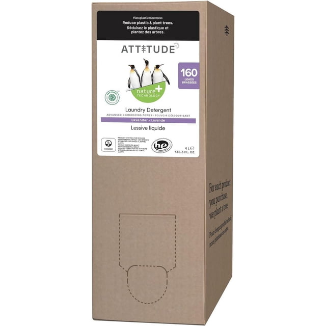 ATTITUDE Laundry Detergent 160 Loads refill in lavender scent with nature+ technology, in a 4 L eco-friendly cardboard box featuring penguin images and bilingual text promoting plastic reduction and tree planting, designed for high-efficiency washers.