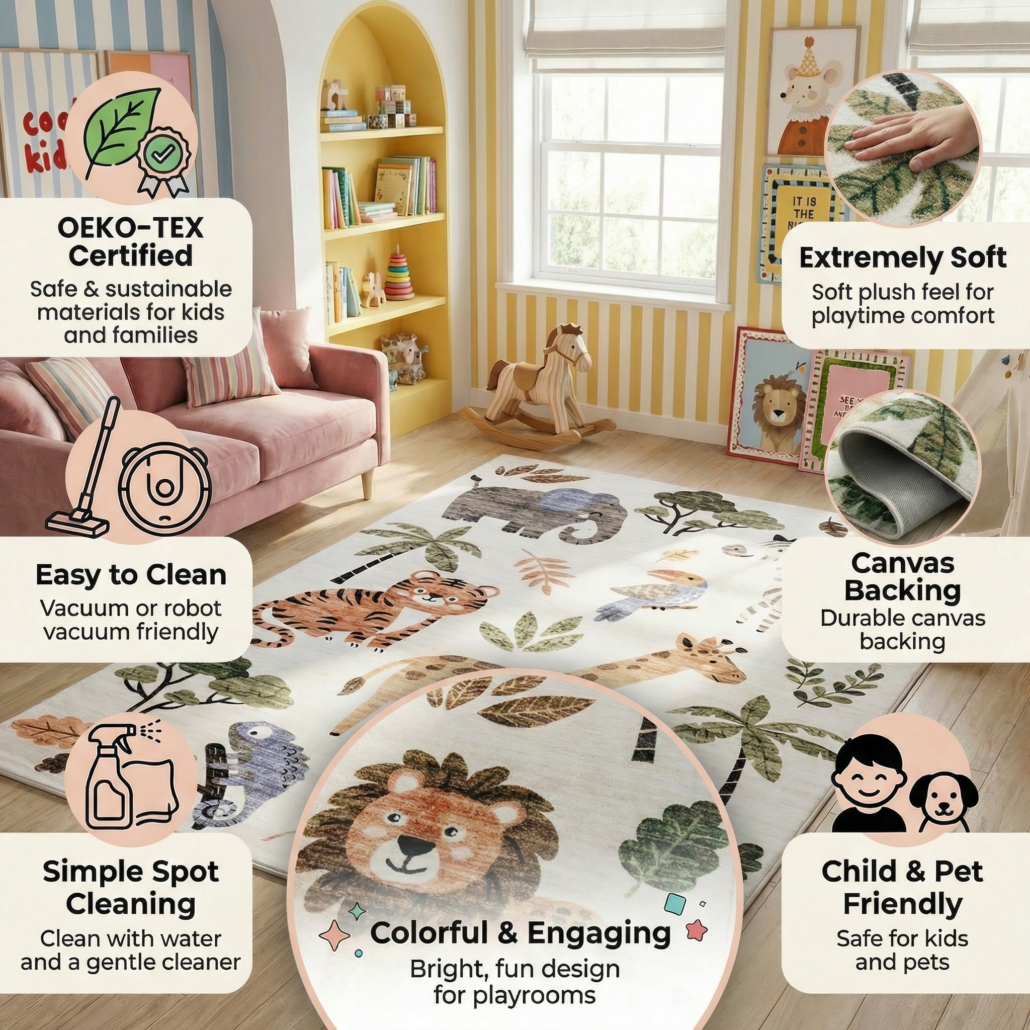 Rug Branch Soft Steps Playtime Cartoon Animals, Tapis d'apprentissage educatif doux, blanc beige - Garcons et filles dans la salle de jeux, la creche, la chambre a coucher