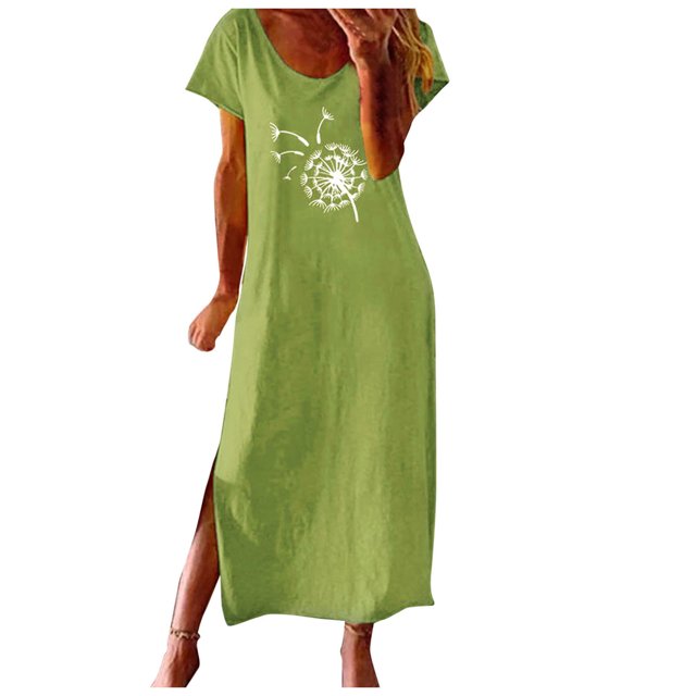 Pompotops Womens Beach Pullover Boho Sundress Short Sleeve Loose Long Dress