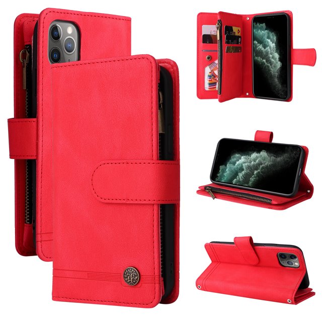 Case for iPhone 11 Pro Max Cover Zipper Pocket Wallet Case Magnetic Protective - Red
