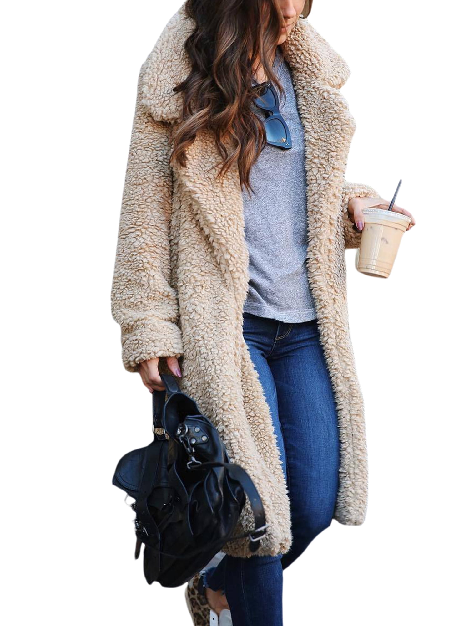 Bagilaanoe Women Ladies Lapel Teddy Bear Coat Faux Fur Fleece Jacket Overcoat Long Parka Outerwear