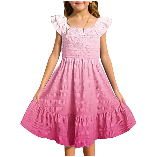 MIASHUI Robes pour Filles à Manches Volantées Extensibles, Coupe Trapèze Évasée, Robe d'École, Rose Vif, 11-12 Ans