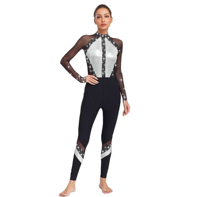Jizyo Women's Long Sleeve Dance Unitard Shiny Rhinestone Full Body Suits One Piece Jumpsuits White L