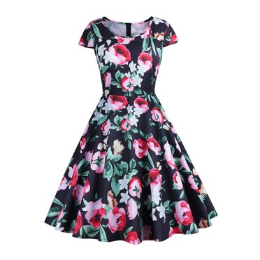 Leutsin Women's Summer Short Sleeve O Neck Vintage Print Party Swing Dress