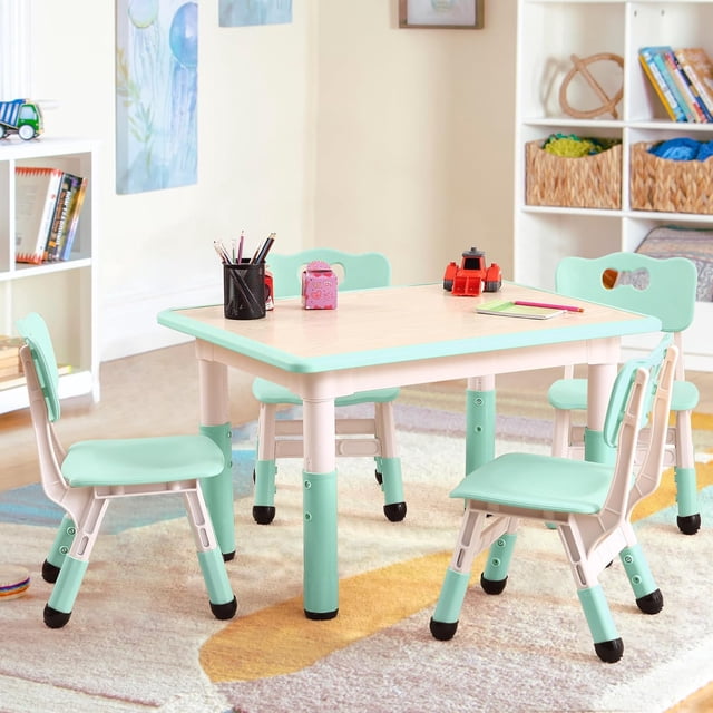 Ourlova Modern Kids Adjustable 31.5" Table and 4 Chair Set with Non-Slip Desk Legs & Graffiti Desktop Preschool Activity Kids Table Set