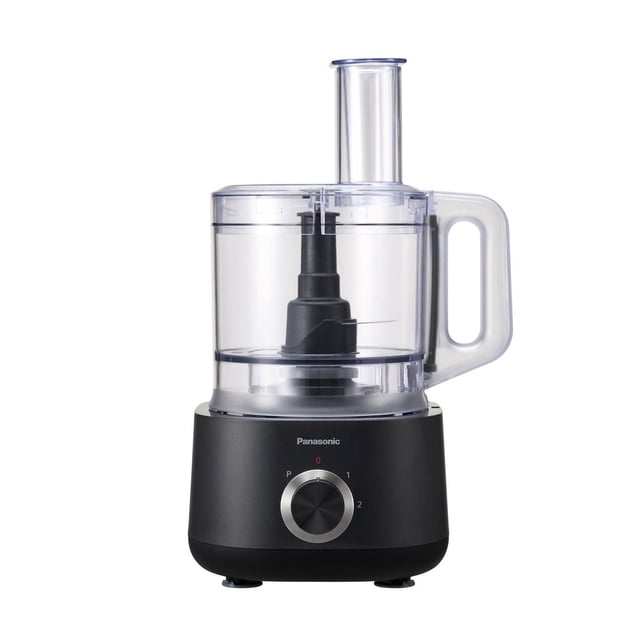 Panasonic MKF511 Robot Culinaire Noir au design vertical compact, Bol et Poignée Transparents de 2,4 L, Cadran de Commande avant avec Réglages 0, P, 1 et 2, Idéal pour des Tâches Polyvalentes de Préparation des Aliments comme Hacher, Mélanger et Trancher avec des Accessoires Compatibles Lave-Vaisselle.