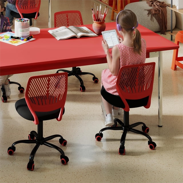 Homy Casa 2 Packs Compact Rolling Desk Chair for Student in red with black cushioned seat and ergonomic leaf back design, height adjustable with 360° swivel and smooth-rolling casters, shown in a kids' classroom setting with children using tablets and art supplies, suitable for small study areas.