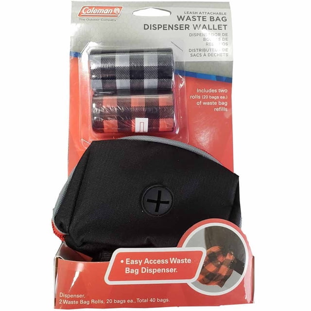 Coleman Portefeuille avec Sacs à Déchets Comprenant un Portefeuille Distributeur de Sacs à Déchets en Tissu Noir avec Garniture Grise et un Trou de Distribution Circulaire, Incluant Deux Rouleaux de Recharges de Sacs à Déchets à Carreaux Noirs et orange de 20 Sacs Chacun, Conçu pour l'Adhérence à la Laisse Ou à la Ceinture Lors des Promenades de Chiens Ou du camping.