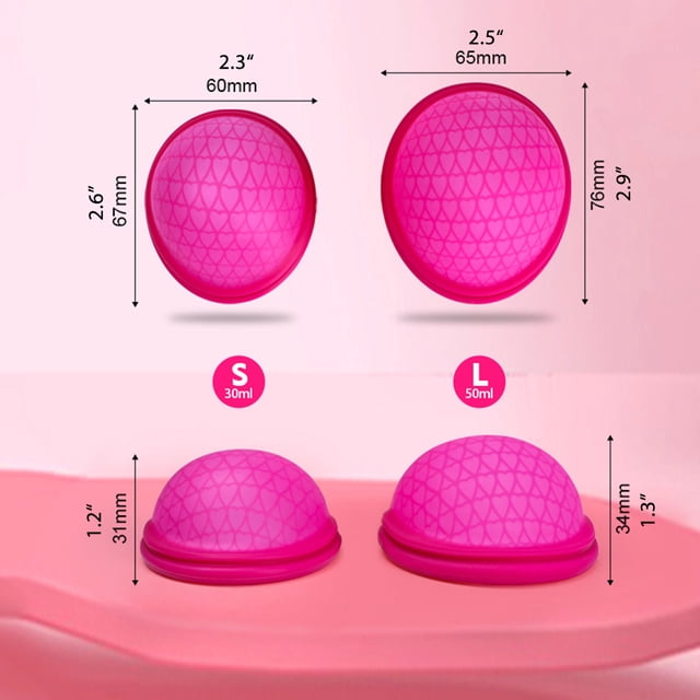 Tasse Menstruelle Plate Réutilisable Extra Fine en Silicone Disque Menstruel pour Journées Intensives avec Sac de Rangement. l'Image Affiche Deux Disques Menstruels en Silicone Rouges en Petites (Capacité 30 ml, Diamètre 60 mm, Hauteur 67 mm) et Grandes (Capacité 50 ml, Diamètre 65 mm, Hauteur 76 mm) Tailles. les Deux Sont Conçus avec une surface Texturée pour la Flexibilité et le Confort. un Sac de Rangement Est Inclus pour l'Hygiène et la Commodité.