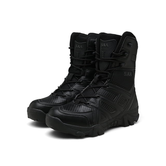LUXUR Bottes de Combat pour Hommes à Bout Rond Bottes Tactiques en Noir, Taille 13. Ces Bottillons de Travail à Tige Haute Comprennent une Tige en Similicuir durable, une Semelle Extérieure en Caoutchouc Antidérapante et une Fermeture à Lacets. Conçus pour les Activités de Plein Air comme la Randonnée, l'Utilisation Tactique et le Travail, Ils Offrent du Confort avec une Semelle Intérieure Rembourrée et un Matériau Respirant. les Bottes Ont un Bout Rond, un Talon Plat et un design à Tige Haute pour le Soutien de la Cheville. Convenant à Divers terrains et à des Saisons comme le Printemps, l'Automne et l'Hiver