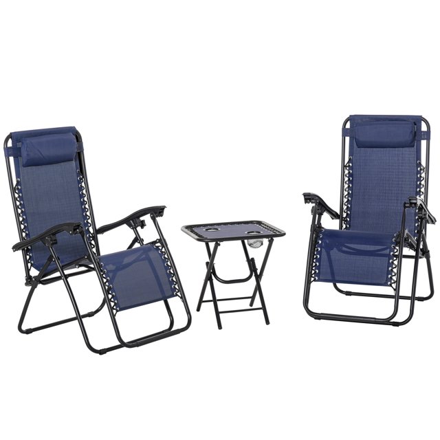Outsunny Ensemble de Chaise Longue Zéro Gravité avec Table d'Appoint, Chaise Longue de Patio, Porte-Gobelets et Appuie-Tête Réglable, Bleu