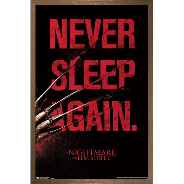 Un Cauchemar sur Elm Street - Affiche Murale de Sommeil, 22,375 Pouces x 34 Pouces Encadrée avec Texte Rouge Usé « Ne Jamais Dormir de Nouveau. » sur Fond Noir avec Gant Griffe en Métal de Freddy Krueger Traversant le Texte, dans un Cadre en Bois Brun, Idéale pour une Oeuvre Murale à Thème d'Horreur Ou une Décoration de Fête.