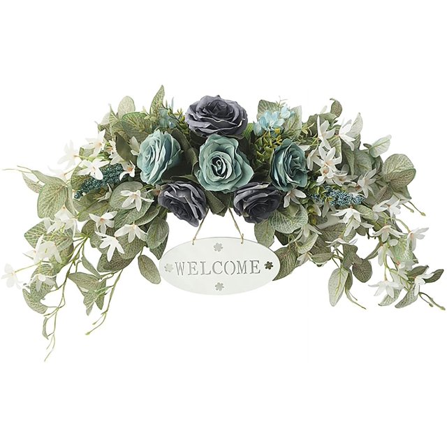 ORUYROP 30 Inch Decorative Floral Swag,Spring Rose Swag with Green Leaves and Welcome Sign,Artificial Floral Swag for Lintel Wedding Arch Home Party Garden Decor