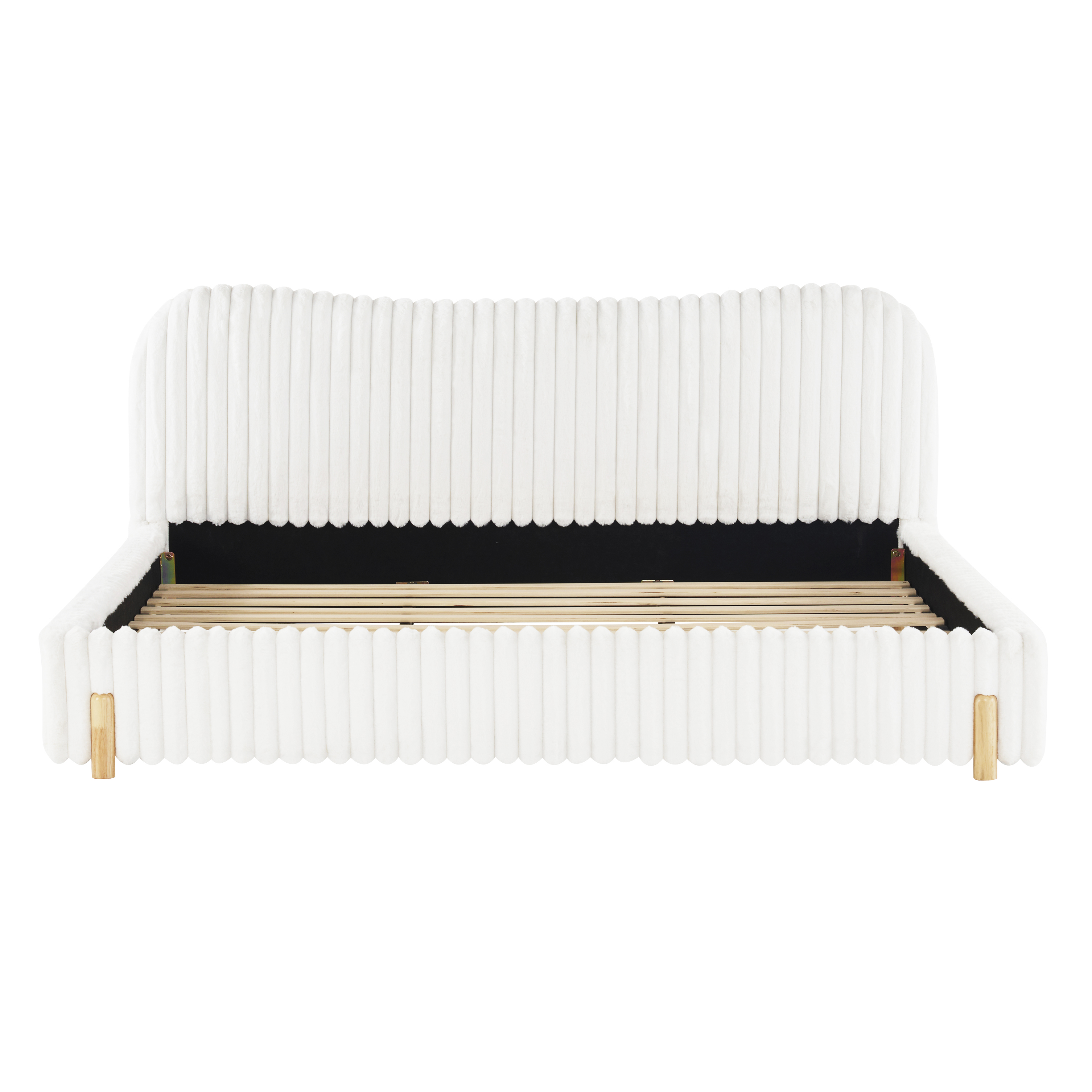 Homy Casa King Platform Bed Frame with Curved Plush Upholstered Headboard, Wood Slats, White