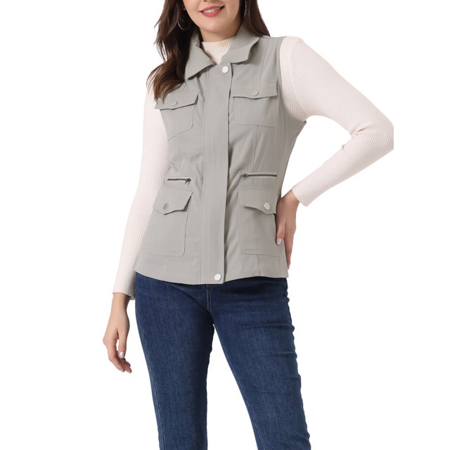 INSPIRE CHIC Veste Zippée pour Femme Sans Manches Anorak Gilet Utilitaire Veste avec Poches P Gris