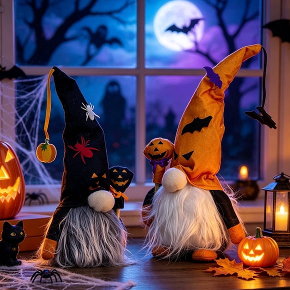 Halloween Light Up Gnome Decoration, Spooky Orange Black Swedish Tomte Elf Figurine, Cute Plush Glowing Dwarf Doll for Mantel Shelf Home Party Decor