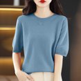 thumbnail image 1 of AherBiu Hauts d'Été pour Femmes Col Rond Manches Mi-Longues Chemises Unies Décontractées Coupe Ample T-Shirts Basiques Blouses, 1 of 5