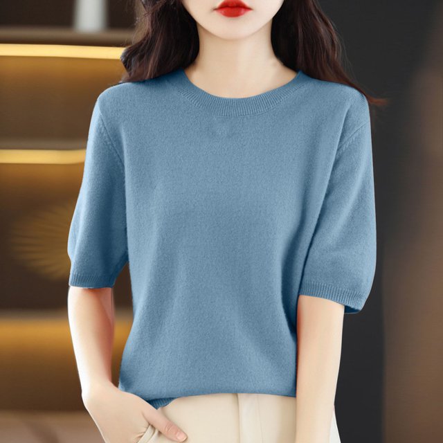 AherBiu Hauts d'Été pour Femmes Col Rond Manches Mi-Longues Chemises Unies Décontractées Coupe Ample T-Shirts Basiques Blouses