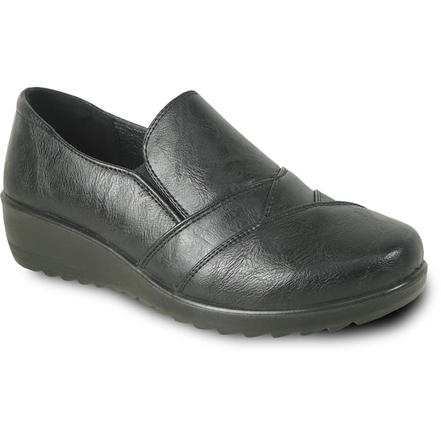 Kozi Soulier Mocassin Décontracté Confortable pour Femmes à Enfiler OY5317 avec Bout Rond et Goussets Doubles Noirs