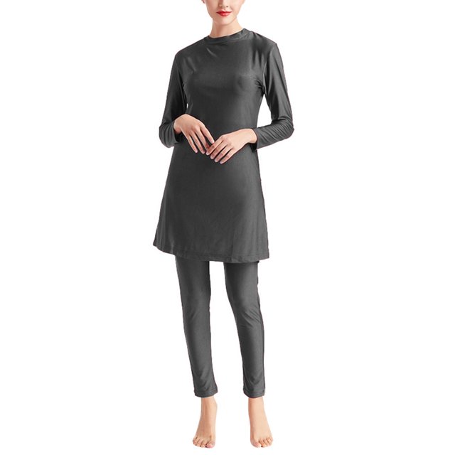 Innerwin Ladies Bathing Suit Three Pieces Swimsuit Muslim Style Crew Neck Swimwear Full Coverage Seaside Gray XXL