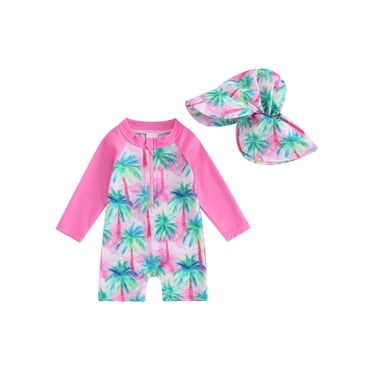 Gupgi Baby Girls Floral Rash Guard with Hat, 3M 6M 12M 24M 3T Toddler Beach Bathing Suit Long Sleeve Tropical Tree Print Zipper Swimwear