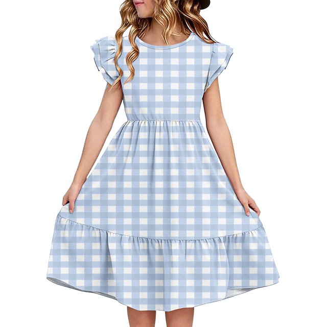 LOVZFMLL Dresses Kids Summer Double Layer Ruffle Sleeve Dress 5-14 Years