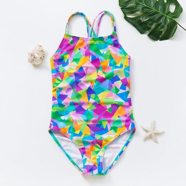 Teen Girls One Piece Bathing Suits Cartoon Girls Swimsuit Quick Dry Bathing Suit 14Y. This swimsuit showcases a colorful triangle pattern in vibrant shades of pink, green, yellow, and blue. Crafted from 80% polyester and 20% spandex, it provides a soft, stretchy, and quick-drying fabric for comfort and durability. The pull-on style ensures a secure fit, perfect for swimming, beach trips, or poolside fun. Set against a white background with decorative accents like a seashell, starfish, and a green leaf.