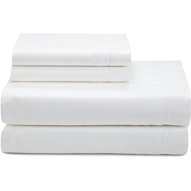 Johnson Home 300 Thread Count Combed Egyptian Cotton Sheet Sets in white, folded to show flat sheet, fitted sheet, and pillowcases with smooth texture and fine hem stitching, suitable for breathable, durable bedding in a clean studio setting.