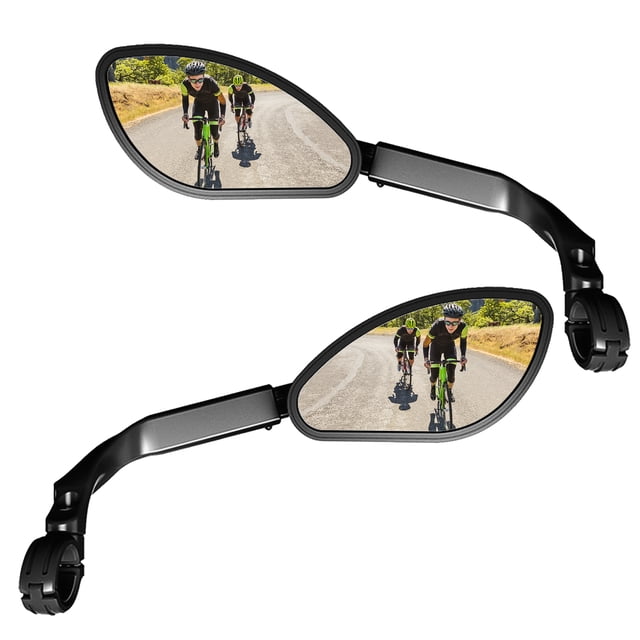 FlyFlise Telescopic Bicycle Rear Flat Mirror, a 360-degree rotatable bike safety accessory designed for MTB and road bikes. The image displays two black handlebar-mounted side rear view mirrors with stainless steel lenses and durable PP + nylon brackets. Each mirror measures 136 x 65 mm and fits handlebars with a diameter of 21-26 mm. Cyclists are visible in the reflection, riding on a sunny road.