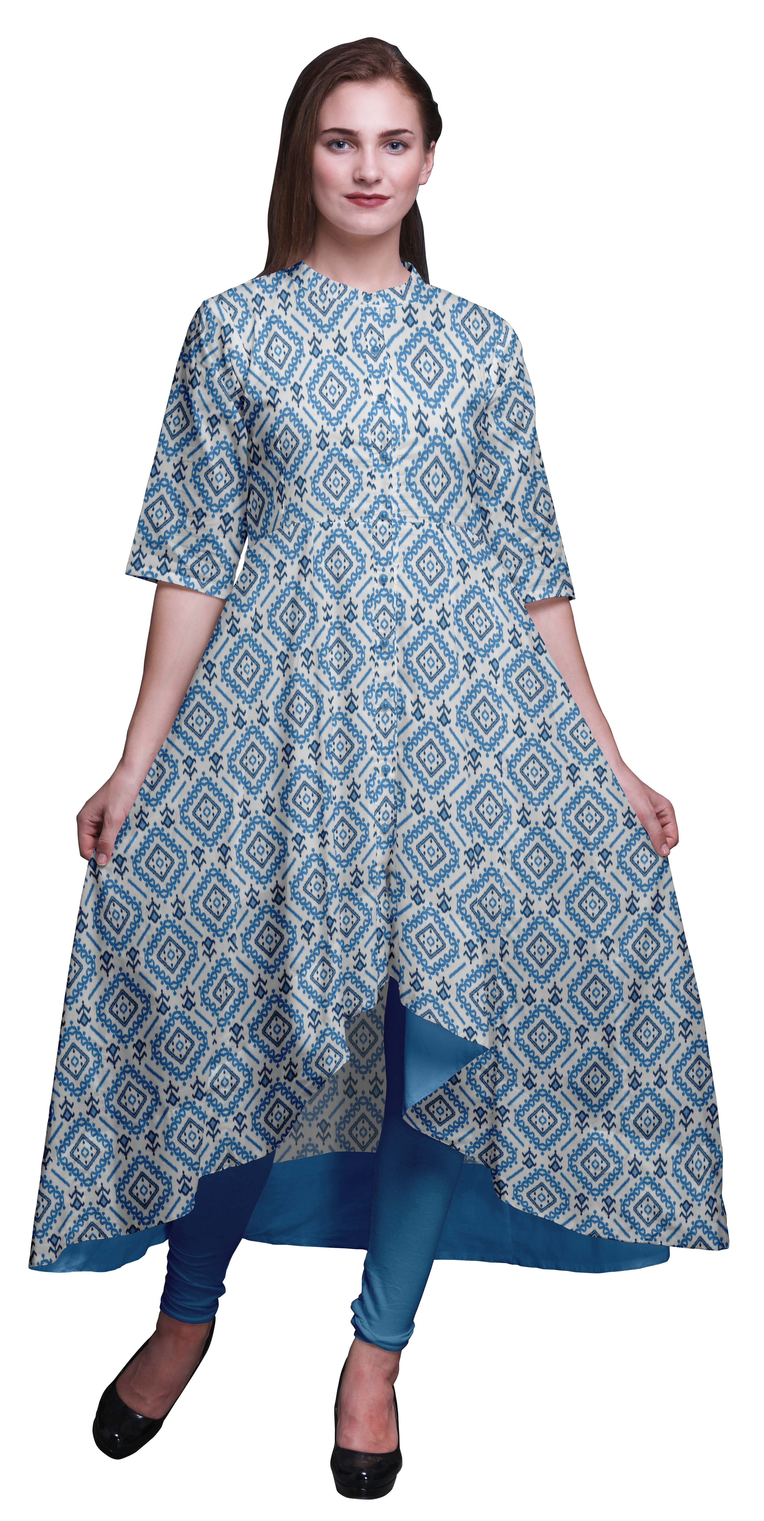 Bimba Ikat Ethnique Bleu Tenue Ethnique Indienne pour Femmes Anarkali Kurti Imprimée Robe Asymétrique-Xx-Grand