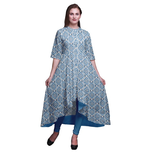 Bimba Robe Anarkali Ethnique Bleue Ikat Imprimée Col Mandarin Kurtis Indiens pour Femmes Tenue de Fête Anarkali Kurta -Petit