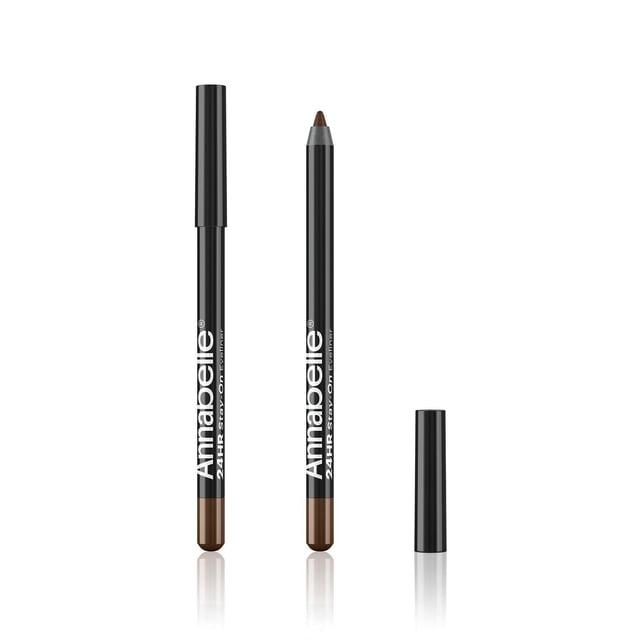 Annabelle Traceur pour les Yeux Qui Reste en Place 24 H en Brun, Montré avec un Cache-Crayon, un Cache Non Capuchonné Révélant la Pointe en gel, et un Cache Noir Séparé sur Fond Blanc, Doté d'Une Formule Imperméable et Anti-Bavures Idéale pour les Yeux Sensibles et les Porteurs de Lentilles de contact.