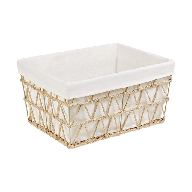HOMETRENDS Décor Basket with a rectangular iron frame wrapped in natural paper rope forming a triangle pattern, featuring a removable white fabric liner folded over the top edge, ideal for organizing home or office items.