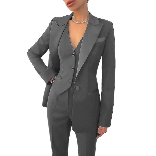 Womens Suit 3-piece Business Formal Work-d in grey, featuring a slim-fit design with a single-breasted blazer, a matching vest, and wide-leg pants. Made from blended polyester fabric, this suit is tailored for spring and autumn seasons. The blazer has full-length sleeves and a flat front style, while the pants feature a button fly and low waist. Suitable for professional and formal occasions.