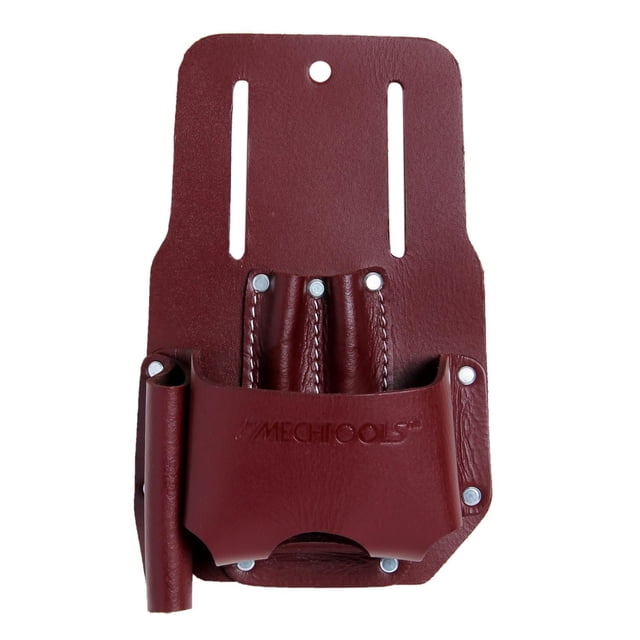 MECHTOOLS PRO LEATHER TAPE & KNIFE HOLDER made of heavy-duty top grain saddle leather in dark brown, featuring an extra large tape holder, knife sheath, and three narrow pockets for screwdrivers or pencils, reinforced with rivets and belt loops fitting belts up to 2-1/2 inches wide, ideal for compact tool storage and organization, also suitable for holding chalk lines during small jobs.