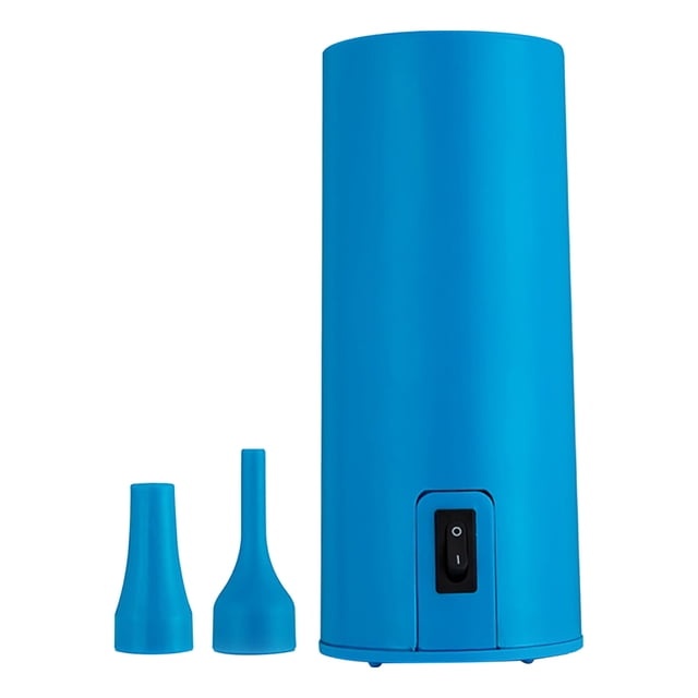 Balloons Electric Pump Portable Long Balloons Pump Household Electric Pump in a compact cylindrical design, shown in blue. Includes two interchangeable nozzles for inflating various balloon types. Features a power switch on the front and a lightweight, portable build for easy transport to events like parties and weddings. Made from durable ABS plastic, it operates quietly at 65dB and remains cool during extended use. Dimensions: 7x7x16cm.