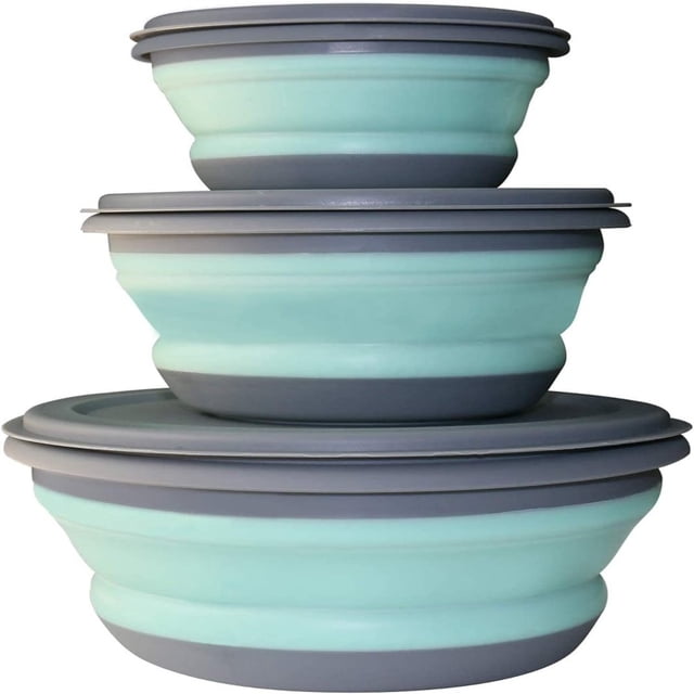 3 Pcs Silicone Collapsible Bowl Lunch Box - Expandable Food Storage Containers Set -Silicone Salad Bowl with Lid Portable (Blue)