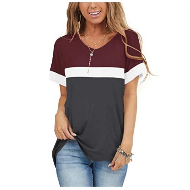 Nouveau T-Shirt Décontracté pour Femmes à Manches Courtes V Col Rond Tops Lâches et T-Shirt d'Épissure Imprimé à Rayures