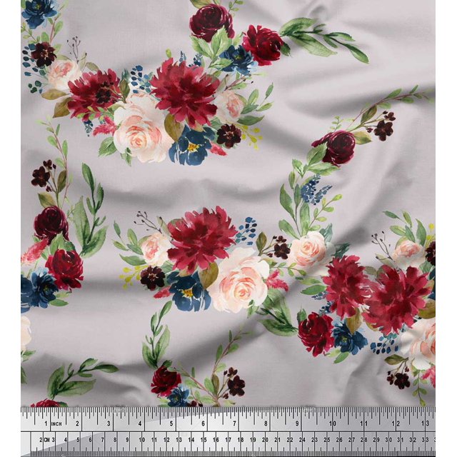Soimoi Gray Rayon Fabric Ranunculus & Penoy Floral Print Print Fabric By the Yard 58 Inch Wide