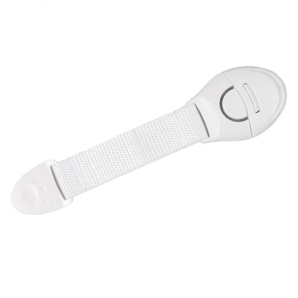 2-5pack Adhesive Baby Child Cupboard Door Drawer Lock Latch 5 Pcs. A white safety lock with a flexible strap and adhesive backing, designed to secure cabinets, drawers, cupboards, and toilet seats. The lock features a durable plastic construction and measures 20cm (7.87 inches) in length. Ideal for baby proofing and preventing access to dangerous items. Pack includes 5 pieces.