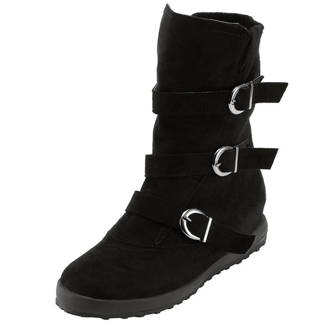 CEHVOM Women Suede Round Toe Zipper Flat Pure Color Buckle Strap Keep Warm Snow Boots