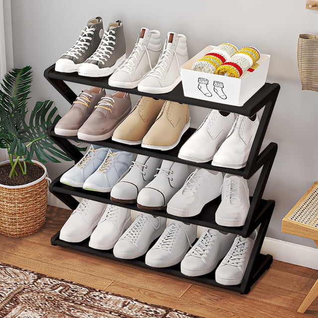 Kcavykas Clearance Sales Home Storage Organiser 4-layer Shoe Rack independent Shoe Cabinet with Thickened Steel Pipe. A black, multi-functional shoe rack with four layers, designed for organizing shoes in entryways, closets, or dormitories. Made of stainless steel, it features a compact and lightweight design with a unique middle breach for accommodating larger shoes. The rack is shown in a home setting, holding various pairs of shoes and a small storage box on the top shelf.