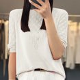 thumbnail image 2 of Olyvenn Women T-Shirt à Manches Courtes en Tricot de Soie Glacée Ajourée pour Femme, Col Rond Ample, Chandail Tricoté, Haut, Blanc, TTG, 2 of 3