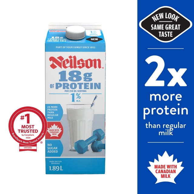 Neilson 1% 18g Protein Beverage carton in blue and white with red logo, containing 18 grams of protein per 250 ml serving, made with Canadian milk, lactose free, no sugar added, 1.89 L volume, shown with a glass of milk and blue dumbbells representing active lifestyle.