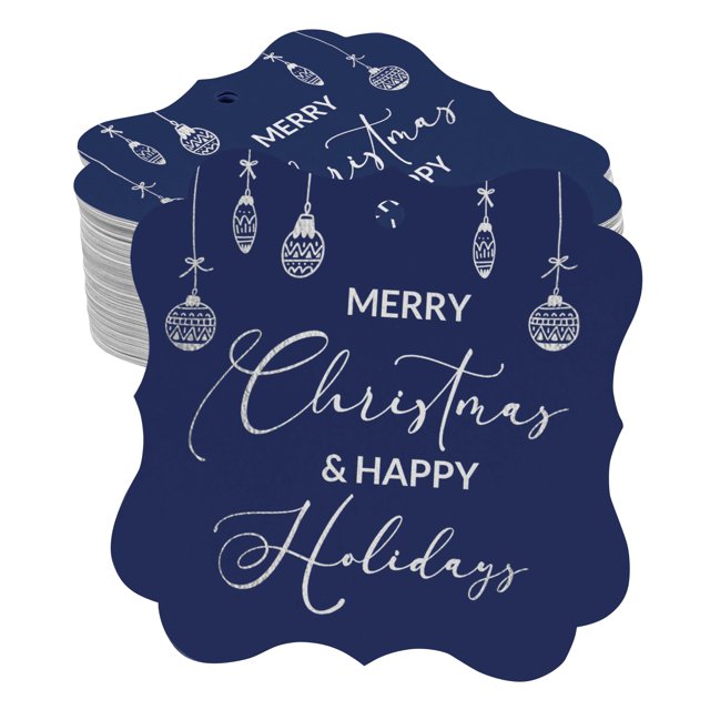 Inkdotpot Pack Of 100 Real Silver Foil Bracket Shape Paper Tags Merry Christmas & Happy Text Favor Hang Tags