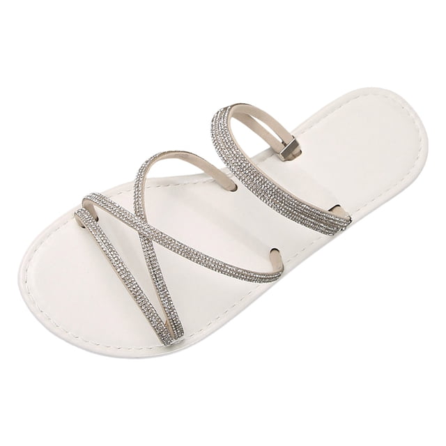 IUJSOY Womens Rhinestone Sandals Strappy Slides Cirsscross Strap Slip on Open Toe Flat Sandals
