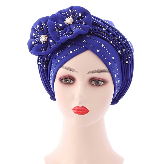 Fashion Women Beading Braid Hat Muslim Ruffle Cancer Wrap Cap Sleep Caps Satin Lined Hair Bonnets