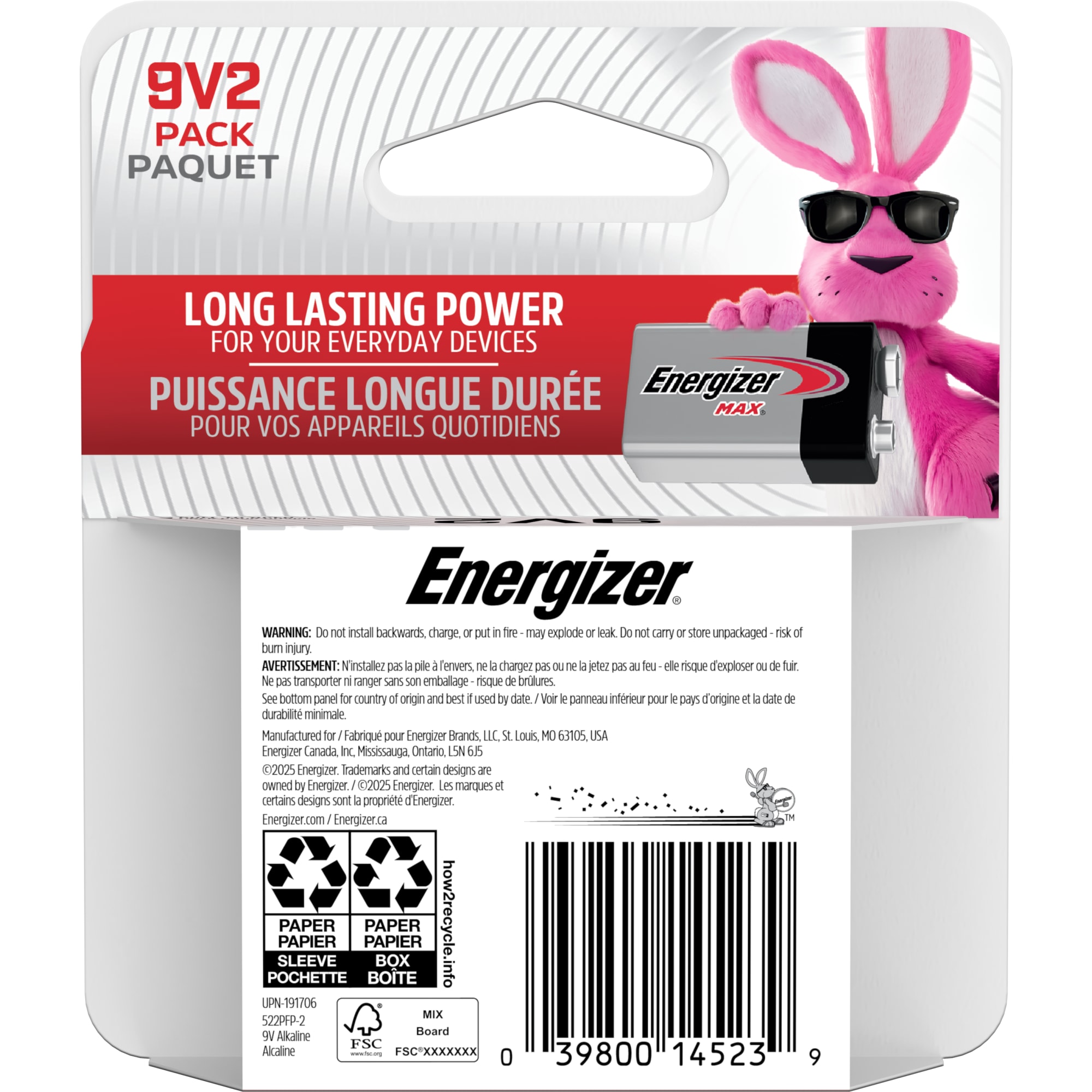 Piles alcalines 9 V Energizer MAX, 2