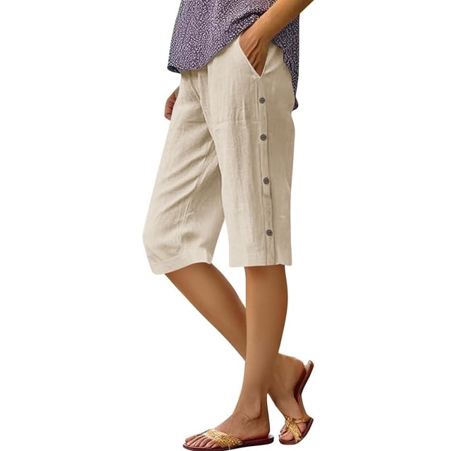 BLVB Linen Shorts for Women High Waisted Lightweight Bermuda Shorts Side Button Short Beach Vacation Outfits Pockets