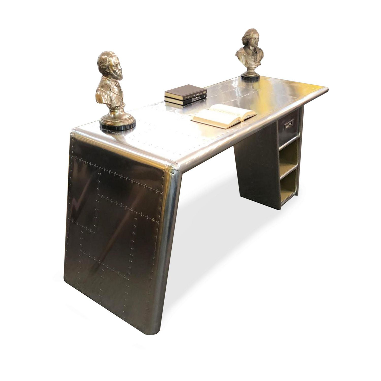 Roadney Desk with Polished Finish, Metal Desk, Riveted Aluminum Desk, Polished Desk, Metal Desk with Shelves, Office Desk, Study Desk